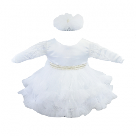 Botezul bebelusului - Set 2 piese rochie eleganta si bentita pentru fete Micul Vip SBF-2, Alb