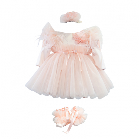 Botezul bebelusului - Set 3 piese rochie eleganta pentru fete Micul Vip SBF-3, Roz