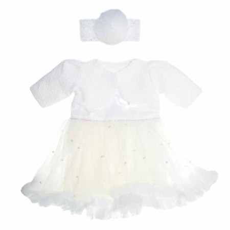 Botezul bebelusului - Set 3 piese rochie eleganta, bolero si bentita pentru fete Micul Vip R030623, Alb