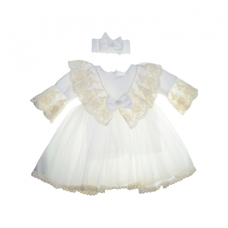 Îmbrăcăminte fete - Set 2 piese rochita eleganta si bentita pentru fete Mini Junior, RCH-MJ1A, Alb