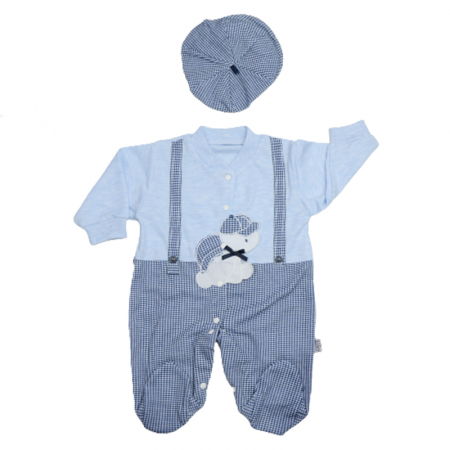 Salopete bebelusi baieti - Set 2 piese salopeta cu maneca lunga si basca pentru baieti Mini Junior 2176A, Albastru