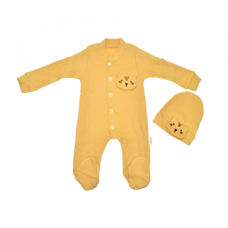 Salopete bebelusi baieti - Set 2 piese salopeta cu maneca lunga si caciula Mini Junior SBMJ-15, Galben
