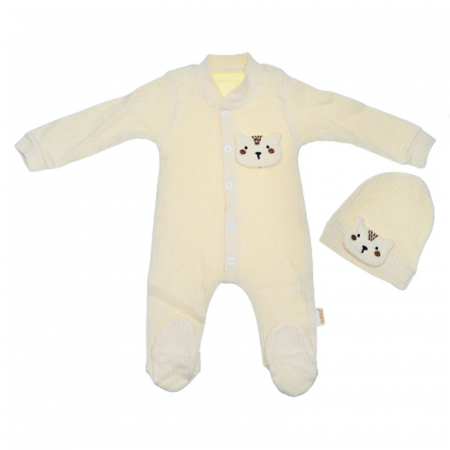 Salopete bebelusi baieti - Set 2 piese salopeta cu maneca lunga si caciula Mini Junior SBMJ-16, Crem
