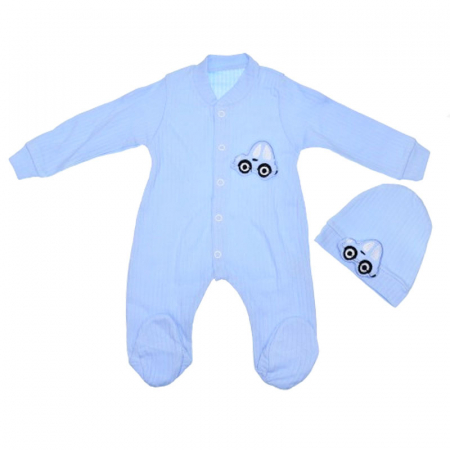 Salopete bebelusi baieti - Set 2 piese salopeta cu maneca lunga si caciula Mini Junior SBMJ-17, Albastru