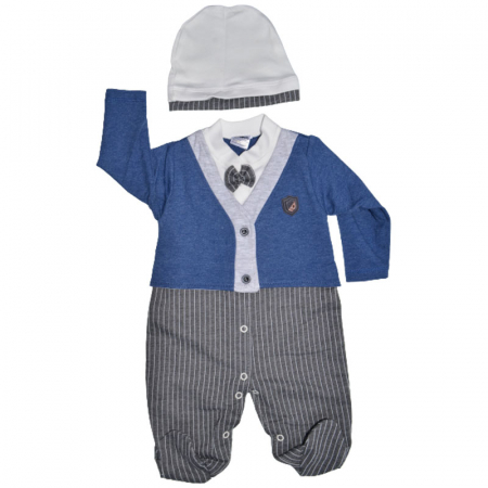 Salopete bebelusi baieti - Set 2 piese salopeta cu maneca lunga si caciula pentru baieti Bebelinna S020823-4, Albastru