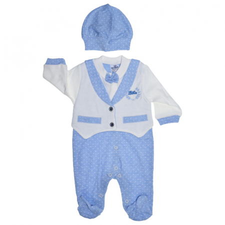 Salopete bebelusi baieti - Set 2 piese salopeta cu maneca lunga si caciula pentru baieti Bebelinna S020823-5, Albastru