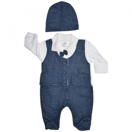 Salopete bebelusi baieti - Set 2 piese salopeta cu maneca lunga si caciula pentru baieti Bebelinna S020823-8, Bleumarin