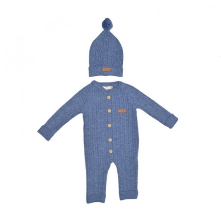 Salopete bebelusi baieti - Set 2 piese salopeta cu maneca lunga si caciula pentru baieti Mini Junior SLP-MJ4102, Albastru