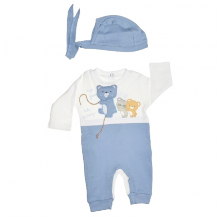 Salopete bebelusi fete - Set 2 piese salopeta cu maneca lunga si caciula pentru baieti Minijunior MJ0105-80, Albastru