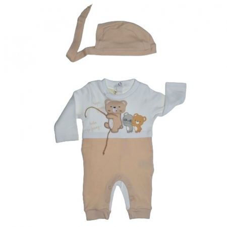Salopete bebelusi fete - Set 2 piese salopeta cu maneca lunga si caciula pentru baieti Minijunior MJ0105-81, Crem