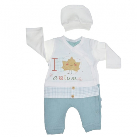Salopete bebelusi fete - Set 2 piese salopeta cu maneca lunga si caciula pentru baieti Minijunior MJ0105-82, Turcoaz