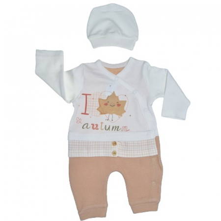 Salopete bebelusi fete - Set 2 piese salopeta cu maneca lunga si caciula pentru baieti Minijunior MJ0105-83, Alb