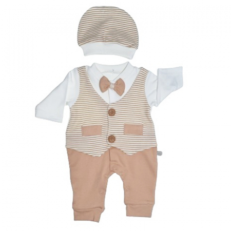Îmbrăcăminte băieți - Set 2 piese salopeta cu maneca lunga si caciula pentru baieti Minijunior MJ0105-84, Maro