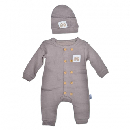 Salopete bebelusi baieti - Set 2 piese salopeta cu maneca lunga si caciula, pentru copii, Mini Junior 8247G, Gri