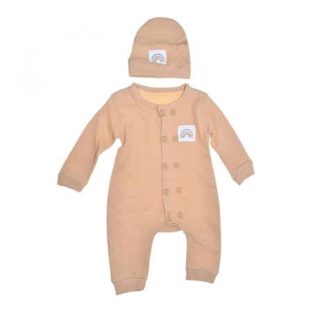 Salopete bebelusi baieti - Set 2 piese salopeta cu maneca lunga si caciula, pentru copii, Mini Junior 8247M, Maro