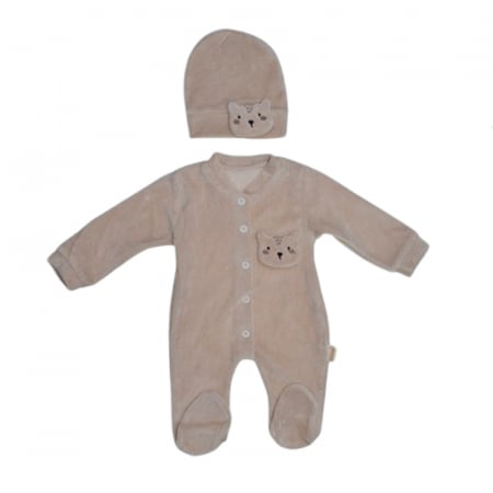 Salopete bebelusi baieti - Set 2 piese salopeta cu maneca lunga si caciula pentru copii Mini Junior SLP-MJ8, Bej