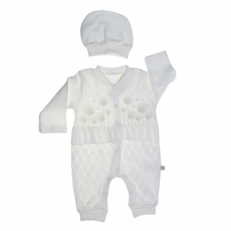 Salopete bebelusi fete - Set 2 piese salopeta cu maneca lunga si caciula pentru fete Minijunior MJ0105-78, Alb