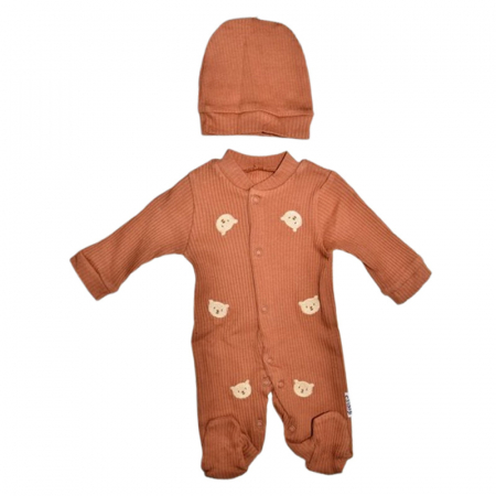 Salopete bebelusi baieti - Set 2 piese, salopeta cu maneca lunga si caciula, pentru prematuri, Mini Junior 233405, Maro