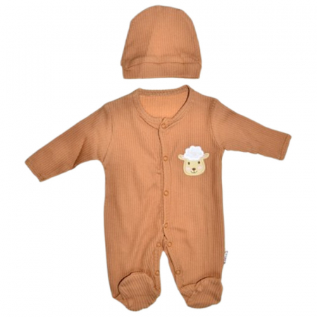 Salopete bebelusi baieti - Set 2 piese salopeta cu maneca lunga si caciula, pentru prematuri, Mini Junior 233408, Maro