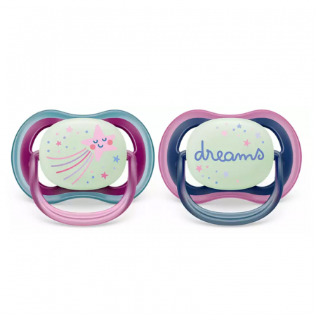 Suzete - Set 2 suzete ortodontice din silicon Philips Avent Ultra Air Nightime SCF376/14, Mov