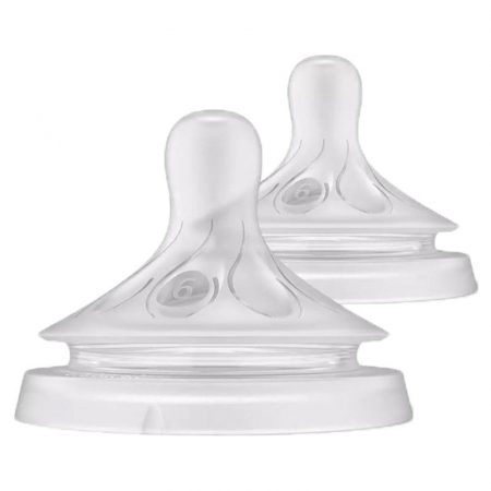 Biberoane si tetine - Set 2 tetine din silicon, tetine care functioneaza ca sanul mamei, tetine fara scurgeri, debit 6, pentru lichide cu densitate crescuta Philips Avent Natural Response SCY966/02, Transparent
