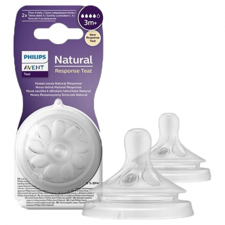 Set 2 tetine din silicon, tetine care functioneaza ca sanul mamei, tetine fara scurgeri, debit 4, pentru lichide cu densitate crescuta Philips Avent Natural Response SCY964/02, Transparent [1]
