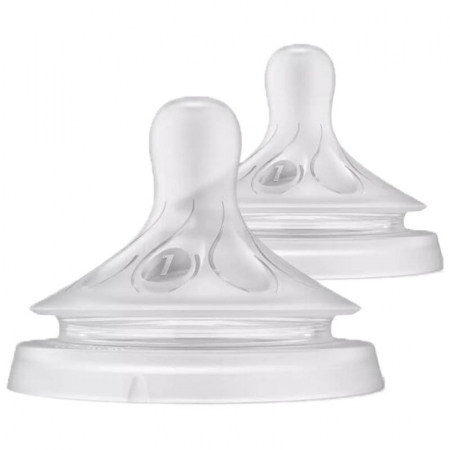 Biberoane si tetine - Set 2 tetine din silicon, tetine care functioneaza ca sanul mamei, tetine fara scurgeri, debit 1, pentru lichide cu densitate crescuta Philips Avent Natural Response SCY961/02, Transparent