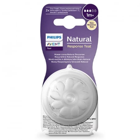 Set 2 tetine din silicon, tetine care functioneaza ca sanul mamei, tetine fara scurgeri, debit 3, pentru lichide cu densitate crescuta Philips Avent Natural Response SCY963/02, Transparent [1]