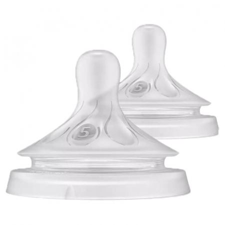 Set 2 tetine din silicon, tetine care functioneaza ca sanul mamei, tetine fara scurgeri, debit 5, pentru lichide cu densitate crescuta Philips Avent Natural Response SCY965/02, Transparent [0]