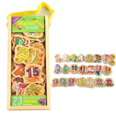 Jocuri si jucarii educative - Set 23 de piese din lemn ilustrate cu numere, fructe si legume, WD 9004-D