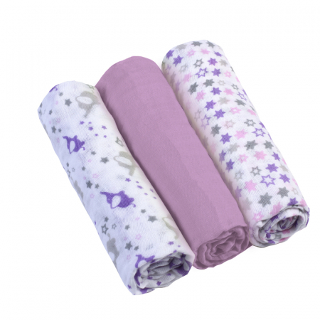 Paturici si pleduri bebelusi - Set 3 paturici muselina din bambus si bumbac pentru bebelusi 70 x 70 cm BabyOno 348/04M, Multicolor