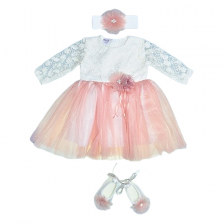 Botezul bebelusului - Set 3 piese rochie eleganta pentru botez, pentru fete, Mini Junior 3669-56-62, Roz