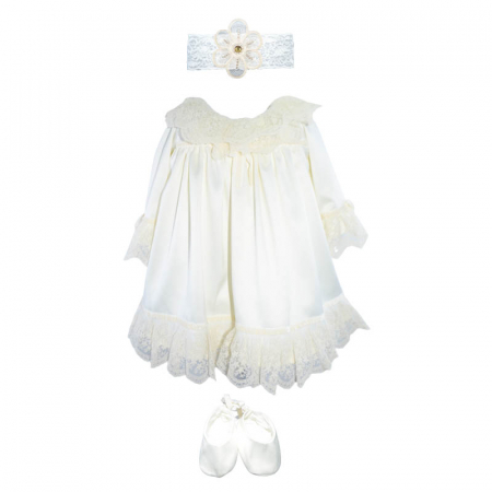 Botezul bebelusului - Set 3 piese rochie eleganta pentru fete Mini Bimbi RMB-C, Crem