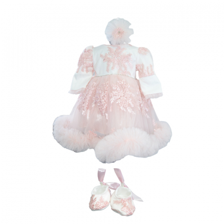 Botezul bebelusului - Set 3 piese rochie eleganta pentru fete Micul Vip SBF-7, Roz