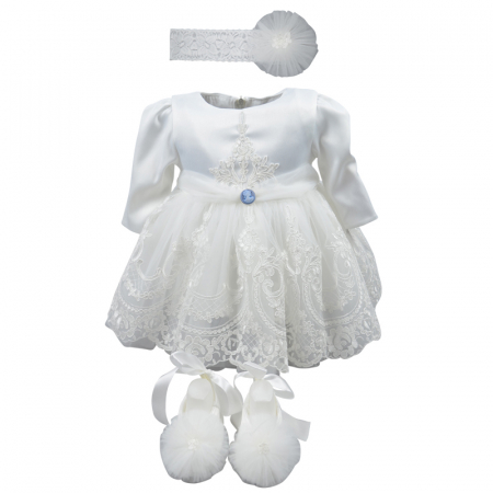 Botezul bebelusului - Set 3 piese rochie eleganta pentru fete Mini Junior REPFMJ-123, Alb