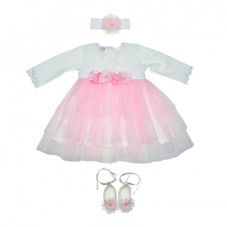Botezul bebelusului - Set 3 piese rochita, bentita si botosei pentru fete Mini Junior SET-3651, Roz