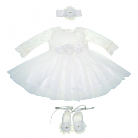 Botezul bebelusului - Set 3 piese rochita, bentita si botosei pentru fete Mini Junior SET-3653, Alb