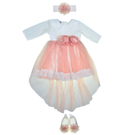 Botezul bebelusului - Set 3 piese rochita, bentita si botosei pentru fete Mini Junior SET-1234, Coral
