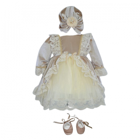 Rochite elegante de la 0 la 9 luni - Set 3 piese rochita, turban si botosei pentru fete Mini Junior RCHB-MJ1, Bej