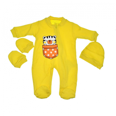 Salopete bebelusi baieti - Set 3 piese salopeta cu maneca lunga, caciula si manusi Mini Junior SBMJ-2, Galben