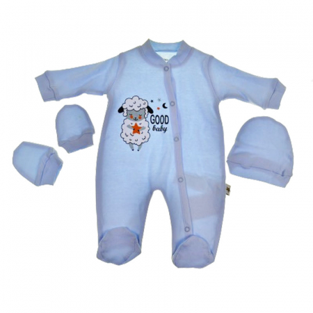 Salopete bebelusi baieti - Set 3 piese salopeta cu maneca lunga, caciula si manusi Mini Junior SBMJ-4, Albastru