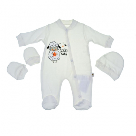Salopete bebelusi fete - Set 3 piese salopeta cu maneca lunga, caciula si manusi Mini Junior SBMJ-5, Crem
