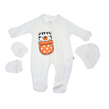 Salopete bebelusi fete - Set 3 piese salopeta cu maneca lunga, caciula si manusi Mini Junior SBMJ-7, Crem
