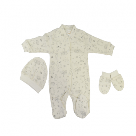 Salopete bebelusi baieti - Set 3 piese salopeta cu maneca lunga, caciula si manusi pentru copii Minipety 0068-19, Crem