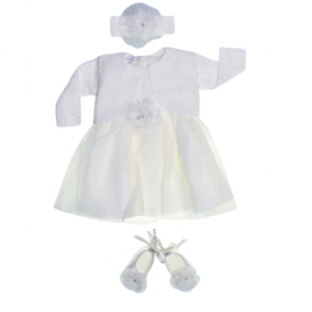 Botezul bebelusului - Set 4 piese rochie eleganta din dantela, pentru botez, pentru fete, Mini Junior 3664-56-62, Alb