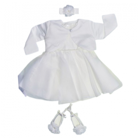Botezul bebelusului - Set 4 piese rochie eleganta din satin, pentru botez, pentru fete, Mini Junior 3665-56-62, Alb