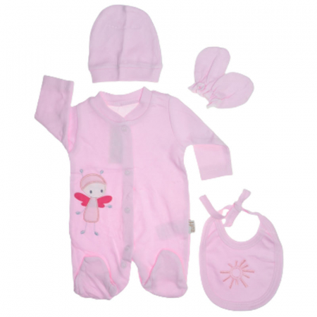 Salopete bebelusi fete - Set 4 piese salopeta cu maneca lunga, caciula, manusi si baveta pentru fete Zuff S010823-2, Roz