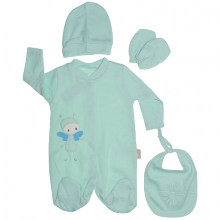 Salopete bebelusi baieti - Set 4 piese salopeta cu maneca lunga, caciula, manusi si baveta pentru baieti Zuff S010823-1, Verde