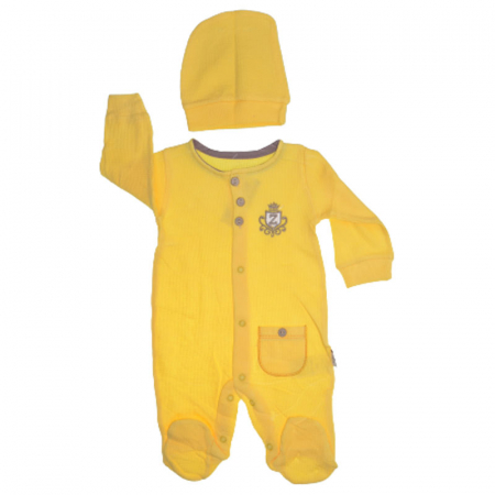Salopete bebelusi baieti - Set 2 piese salopeta cu maneca lunga si caciula pentru baieti Zuff S020823, Galben