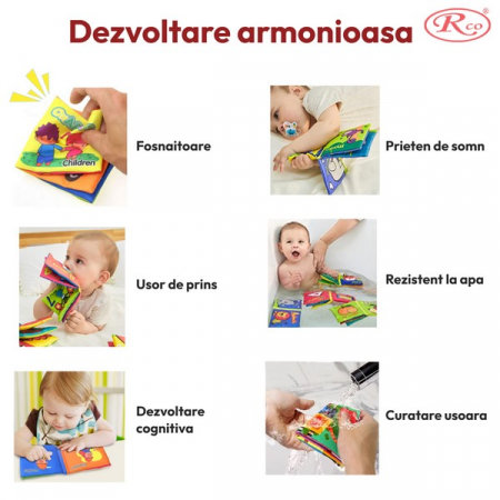 Set 8 carti senzoriale si fosnaitoare din material textil multicolor pentru bebelusi, 10x10x4 cm, RCO, WJ6207, Multicolor [4]